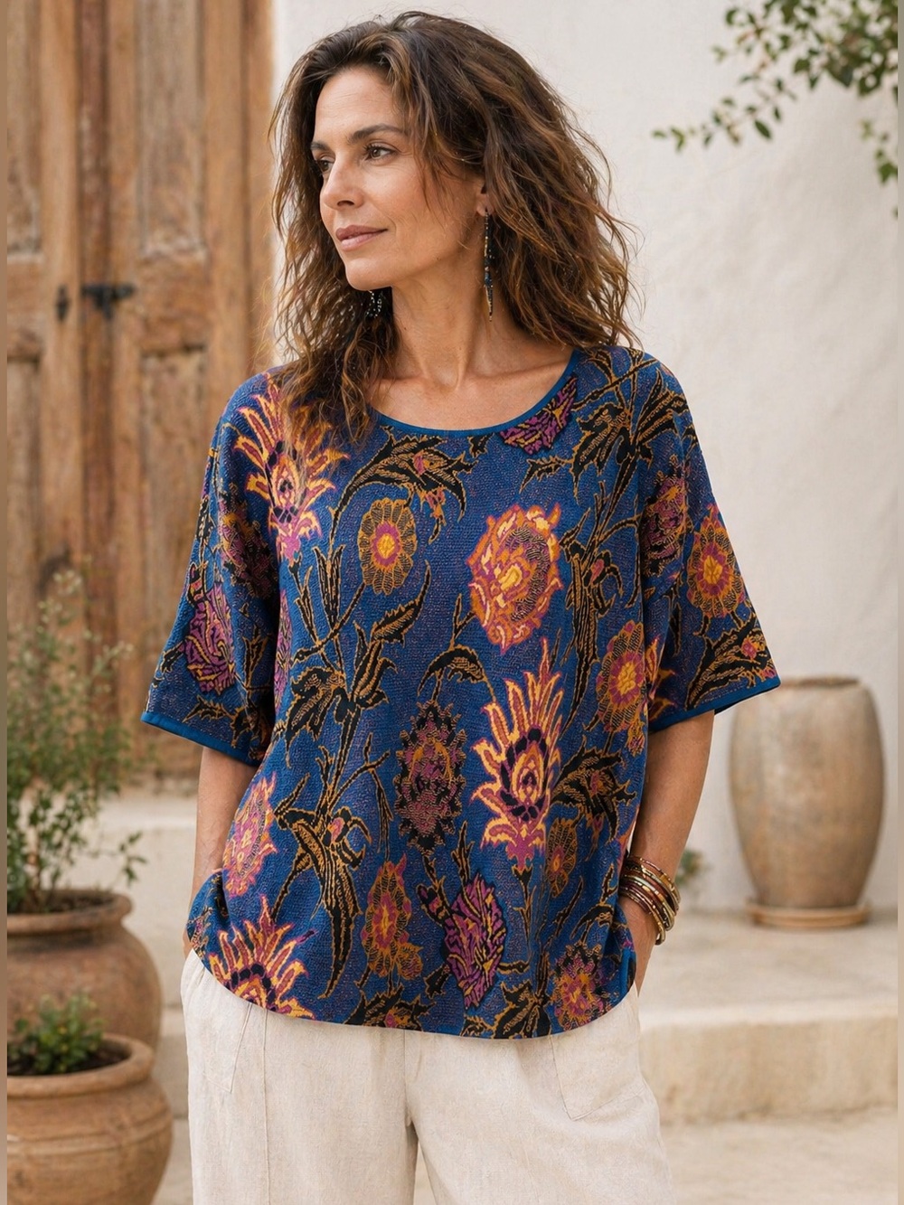 Peruvian Connection Art Knit Sweater Top Blue Floral Boho M/L